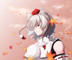 Rule 34 | 1girl, animal ears, bare shoulders, closed mouth, cloud, hair over one eye, hat, highres, inubashiri momiji, leaf, maple leaf, mattyakinako (odango imomushi), outdoors, pom pom (clothes), red eyes, red hat, ribbon-trimmed sleeves, ribbon trim, short hair, solo, tokin hat, touhou, wolf ears, wolf girl