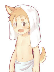 Rule 34 | 1boy, animal ears, blonde hair, blush, bokustar fox, brown eyes, dog boy, dog ears, dog tail, highres, hikimayu, looking at viewer, male focus, navel, nipples, open mouth, original, topless male, simple background, smile, solo, tail, towel, towel around waist, towel on head, white background