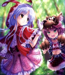 Rule 34 | &gt;:d, 2girls, :d, angel beats!, animal costume, animal hands, animal hood, belt, big bad wolf, big bad wolf (cosplay), blurry, blush, center frills, clothes writing, collar, cosplay, crop top, dappled sunlight, day, depth of field, eyebrows, flower, forest, frills, gloves, goto p, green eyes, heart, heart print, high-waist skirt, highres, hood, jacket, light purple hair, little red riding hood, little red riding hood (grimm), little red riding hood (grimm) (cosplay), long hair, looking at another, looking back, midriff, multiple girls, nature, open clothes, open jacket, open mouth, outdoors, pantyhose, parted lips, petticoat, picnic basket, pink skirt, plaid, plaid skirt, purple hair, red skirt, scan, shirt, skirt, smile, spiked collar, spikes, standing, striped clothes, striped legwear, striped pantyhose, sunlight, tenshi (angel beats!), v-shaped eyebrows, white gloves, white shirt, wolf costume, wolf hat, yellow eyes, yui (angel beats!), yuri (angel beats!)