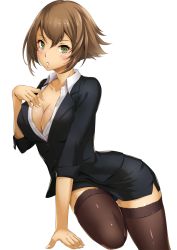 Rule 34 | 10s, 1girl, alternate costume, arm support, black panties, black thighhighs, blazer, blouse, breasts, brown hair, cleavage, collarbone, female focus, green eyes, hand on own chest, hand to own mouth, headgear, jacket, kantai collection, large breasts, midriff, miniskirt, mutsu (kancolle), no bra, office lady, panties, parted lips, pencil skirt, sakiyamama, shirt, short hair, skirt, solo, thighhighs, unbuttoned, underwear, white shirt, zettai ryouiki