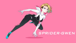 Rule 34 | 1girl, animification, artist name, black bodysuit, blonde hair, blue eyes, bodysuit, character name, closed mouth, dated, female focus, full body, highres, hood, hooded bodysuit, looking at viewer, marvel, midair, multicolored bodysuit, multicolored clothes, pink background, short hair, simple background, smile, solo, spider-gwen, spider-man: into the spider-verse, spider-man (series), spider-verse, spider web print, superhero costume, unapril, undercut, white bodysuit
