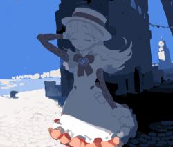 Rule 34 | 1girl, arm at side, arm behind head, arm up, ashita no nadja, backlighting, bad drawr id, bad id, blonde hair, blue sky, bow, brooch, building, closed eyes, closed mouth, cowboy shot, day, dress, facing viewer, flipped hair, frilled dress, frills, high collar, jewelry, layered sleeves, long hair, long sleeves, mousariababa, nadja applefield, ocean, oekaki, outdoors, parted bangs, pavement, pocket, red bow, red dress, sett, shade, shore, short over long sleeves, short sleeves, sky, sleeve cuffs, smile, solo, standing, string of flags, sunlight, u u, water, white dress, white headwear