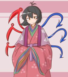 Rule 34 | 1girl, alternate costume, antenna hair, asymmetrical wings, black hair, blue wings, blush, brown eyes, closed mouth, commentary request, commission, houjuu nue, japanese clothes, kimono, long sleeves, looking at viewer, mizusoba, pink background, red kimono, red wings, short hair, skeb commission, smile, solo, touhou, two-tone background, wide sleeves, wings