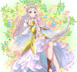 Rule 34 | 1girl, blue butterfly, blue eyes, brown footwear, bug, butterfly, commission, commissioner upload, dress, earrings, eir (fire emblem), fire emblem, fire emblem heroes, flower, flower earrings, frilled sleeves, frills, grass, insect, jewelry, kakiko210, light smile, long hair, long sleeves, lying, nintendo, on back, plant, sidelocks, skeb commission, tiara, white dress, white hair, yellow dress