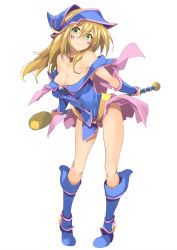 Rule 34 | 1girl, bare shoulders, blonde hair, blush, blush stickers, boots, breasts, cleavage, dark magician girl, dress, duel monster, expressions, full body, gintarou (kurousagi108), green eyes, hat, highres, large breasts, long hair, md5 mismatch, off-shoulder dress, off shoulder, pentacle, resized, revision, smile, solo, staff, standing, upscaled, white background, wizard hat, yu-gi-oh!, yuu-gi-ou, yu-gi-oh! duel monsters