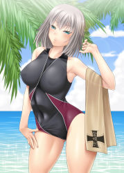 Rule 34 | 10s, 1girl, adjusting clothes, adjusting swimsuit, aqua eyes, armpits, ayato, bad id, bad pixiv id, bare shoulders, beach, blue eyes, blush, breasts, closed mouth, cloud, cloudy sky, competition swimsuit, covered erect nipples, covered navel, curvy, day, emblem, female focus, finger under clothes, girls und panzer, grey hair, half-closed eyes, highres, itsumi erika, large breasts, lens flare, looking at viewer, ocean, one-piece swimsuit, outdoors, palm tree, short hair, sky, solo, standing, swimsuit, towel, tree, tsurime, wide hips