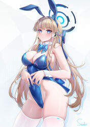 Rule 34 | 1girl, animal ears, aqua bow, aqua bowtie, blonde hair, blue archive, blue bow, blue eyes, blue hairband, blue leotard, blue nails, bow, bowtie, braid, breasts, covered navel, cowboy shot, detached collar, earpiece, fake animal ears, fake tail, french braid, hair bow, hairband, halo, highleg, highleg leotard, highres, large breasts, leotard, long hair, looking at viewer, nail polish, official alternate costume, playboy bunny, rabbit ears, rabbit tail, skindentation, solo, standing, stardust (chen&#039;ai weiding), strapless, strapless leotard, tail, thighhighs, toki (blue archive), toki (bunny) (blue archive), very long hair, white thighhighs, white wrist cuffs, wrist cuffs