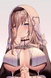 Rule 34 | 1girl, absurdres, aponia (honkai impact), black collar, black sleeves, blonde hair, blue eyes, blush, breast curtains, breasts, chinese commentary, cleavage, collar, commentary request, detached sleeves, grey background, hair between eyes, halterneck, highres, honkai (series), honkai impact 3rd, huge breasts, long hair, looking at viewer, own hands together, shan far, simple background, smile, solo, upper body, white sleeves, white veil