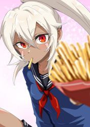 Rule 34 | 1girl, azur lane, black sailor collar, black skirt, blonde hair, blue shirt, blush, breasts, closed mouth, commentary request, crossed bangs, dark-skinned female, dark skin, expressionless, facepaint, food, food in mouth, french fries, hair between eyes, high ponytail, holding, holding food, houshi, incoming food, long hair, looking at viewer, medium breasts, minneapolis (azur lane), minneapolis (wild huntress schoolgirl) (azur lane), neckerchief, official alternate costume, red eyes, red neckerchief, sailor collar, school uniform, serafuku, shirt, skirt, solo, upper body, very long hair