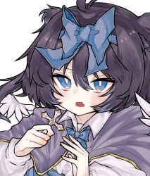 Rule 34 | 1girl, antenna hair, black hair, blue bow, blue hairband, blue skirt, bow, braid, capelet, codename jaroa, collared shirt, feathered wings, grey capelet, hair bow, hairband, highres, long hair, long sleeves, looking at viewer, original, puffy long sleeves, puffy sleeves, shirt, simple background, skirt, sleeves past wrists, solo, upper body, white background, white shirt, white wings, wings