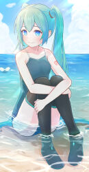Rule 34 | 1girl, bare shoulders, black thighhighs, blue eyes, blue hair, blue sky, boots, breasts, cloud, commentary request, gluteal fold, hatsune miku, highres, light blush, long hair, ocean, school swimsuit, sky, small breasts, solo, swimsuit, thigh boots, thighhighs, thighs, very long hair, vocaloid, yasuno-labo