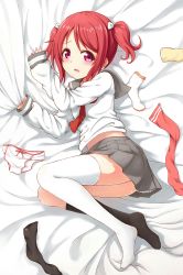 Rule 34 | 1girl, asymmetrical legwear, bed sheet, black socks, blush, child, chinese commentary, commentary request, highres, kurosawa ruby, long sleeves, looking at viewer, love live!, love live! school idol project, love live! sunshine!!, lying, medium hair, midriff, mismatched legwear, necktie, no shoes, on bed, on side, open mouth, panties, unworn panties, pink eyes, red hair, red necktie, sailor collar, school uniform, sheet grab, short twintails, skirt, socks, unworn socks, soles, solo, tears, thighhighs, twintails, two side up, underwear, white panties, white socks, zzt (zztsama)