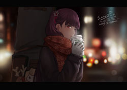 Rule 34 | 1girl, absurdres, bad id, bad pixiv id, blunt bangs, blurry, blurry background, blush, breasts, breathing, character doll, christmas, city lights, coat, cold, cup, dated, girls&#039; frontline, gloves, hair ribbon, half updo, highres, holding, holding cup, large breasts, letterboxed, long hair, looking at viewer, night, official alternate costume, one side up, open mouth, purple hair, red eyes, red scarf, ribbon, scarf, selcky, signature, solo, wa2000 (date in the snow) (girls&#039; frontline), wa2000 (girls&#039; frontline), weapon bag, white gloves