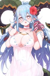 Rule 34 | 1girl, ahoge, blue nails, blush, bottomless, braid, breasts, choker, cleavage, collarbone, colored tips, covered navel, cowboy shot, crossed bangs, curled horns, dress, fangs, fate/grand order, fate (series), flower, hair between eyes, hair flower, hair ornament, hairball, hibiscus, highres, holding, horns, ice cream cone, large breasts, long hair, long horns, looking at viewer, mou tama maru, multicolored hair, nail polish, open mouth, pink eyes, pointy ears, pubic tattoo, red hair, see-through, see-through dress, shiny skin, sidelocks, simple background, solo, sparkle, stomach tattoo, symbol-shaped pupils, tail, tattoo, tiamat (fate), twin braids, white background, white choker, white dress, white wristband, wristband, x-shaped pupils