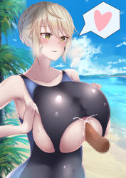 Rule 34 | 1girl, absurdres, artoria pendragon (fate), artoria pendragon (lancer alter) (fate), bad id, bad pixiv id, blush, breasts, cum, cum on body, cum on breasts, cum on upper body, disembodied penis, ejaculation, ejaculation between breasts, ejaculation under clothes, fate/grand order, fate (series), heart, highres, huge breasts, koeat, one-piece swimsuit, paizuri, paizuri under clothes, penis, perpendicular paizuri, platinum blonde hair, smile, swimsuit, underboob, yellow eyes