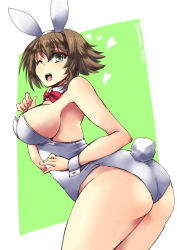 Rule 34 | 10s, 1girl, alternate costume, animal ears, ass, backless outfit, bare legs, breasts, fake animal ears, flipped hair, green eyes, kantai collection, large breasts, leotard, light brown hair, looking at viewer, mutsu (kancolle), off shoulder, one eye closed, open mouth, playboy bunny, rabbit ears, rabbit tail, shinshin, short hair, sideboob, solo, tail