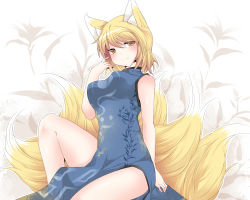 Rule 34 | 1girl, alternate costume, animal ears, bad id, bad pixiv id, blonde hair, breasts, china dress, chinese clothes, dress, floral print, fox ears, fox tail, hammer (sunset beach), medium breasts, multiple tails, no headwear, no headwear, short hair, sitting, sleeveless, smile, solo, tail, thick thighs, thighs, touhou, yakumo ran, yellow eyes