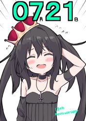 Rule 34 | 1girl, :d, ^ ^, absurdres, amano kouki, anniversary, arm behind head, arm up, black dress, black hair, blush, closed eyes, commentary request, crown, dated, dress, facing viewer, highres, long hair, note-chan, open mouth, original, simple background, smile, solo, strapless, strapless dress, tilted headwear, twintails, upper body, white background
