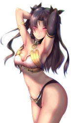 Rule 34 | 1girl, armlet, armpits, arms behind head, arms up, ass, bare arms, bare legs, bare shoulders, black gloves, black hair, black panties, black ribbon, blush, breasts, choker, cleavage, collar, earrings, elbow gloves, eyes visible through hair, fate/grand order, fate (series), female focus, gloves, groin, hair over one eye, hair ribbon, highres, hoop earrings, ishtar (fate), jewelry, large breasts, legs, long hair, looking at viewer, medium breasts, midriff, naughty face, navel, navel piercing, neck, nikuku (kazedesune), panties, piercing, purple eyes, red eyes, revealing clothes, revision, ribbon, seductive smile, sideboob, simple background, single elbow glove, single glove, sketch, smile, solo, standing, strapless, thighhighs, twintails, two side up, type-moon, underwear, white background