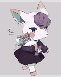 Rule 34 | 1girl, absurdres, animal crossing, animal focus, black dress, blue eyes, bouquet, bow, deer, diana (animal crossing), dress, floral print, flower, full body, furry, green flower, grey background, hideko (l33l3b), highres, holding, holding bouquet, hooves, light smile, long sleeves, nintendo, no humans, purple bow, purple hair, red flower, signature, simple background, smile, solo, twitter username, walking