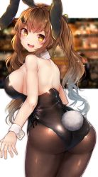 Rule 34 | 1girl, :3, :d, animal ears, ass, back, bare shoulders, black leotard, blurry, bokeh, breasts, brown hair, brown pantyhose, cowboy shot, depth of field, detached collar, fake animal ears, fang, fine fabric emphasis, from behind, girls&#039; frontline, hair ornament, hairclip, head tilt, highres, hiromaster sinta jh, large breasts, leaning forward, lens flare, leotard, long hair, looking at viewer, looking back, open mouth, orange eyes, pantyhose, playboy bunny, rabbit ears, rabbit girl, rabbit tail, smile, solo, sparkle, standing, tail, twintails, ump9 (girls&#039; frontline), wrist cuffs