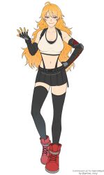 Rule 34 | 1girl, ahoge, artist name, asymmetrical gloves, black skirt, black thighhighs, blonde hair, boots, breasts, cleavage, closed mouth, commission, cosplay, crop top, dangle earrings, earrings, elbow pads, final fantasy, final fantasy vii, final fantasy vii remake, full body, gloves, hand on own hip, hand up, jewelry, large breasts, long hair, looking at viewer, midriff, miniskirt, navel, pleated skirt, purple eyes, red footwear, rwby, simple background, skirt, smile, solo, suspender skirt, suspenders, suspenders gap, tank top, thighhighs, tifa lockhart, tifa lockhart (cosplay), uneven gloves, white background, white tank top, yang xiao long, yellow nicky, zettai ryouiki