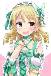 Rule 34 | 10s, 1girl, blonde hair, blush, bow, brown eyes, choker, cross-laced clothes, detached sleeves, drill hair, earrings, flying sweatdrops, frills, hair bow, hair ornament, hairband, hand on own chest, idolmaster, idolmaster cinderella girls, jewelry, long hair, looking away, morikubo nono, open mouth, short hair, solo, sweat, trente, upper body, wavy mouth, wrist cuffs