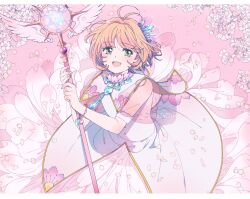 Rule 34 | 1girl, antenna hair, bracelet, brown hair, cardcaptor sakura, cherry blossoms, collared dress, commentary request, dress, green eyes, hair ornament, holding, holding wand, jewelry, kinomoto sakura, looking at viewer, magical girl, open mouth, petals, rii2a77ru, short hair, smile, solo, wand