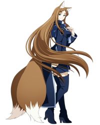 Rule 34 | 1girl, animal ears, blue dress, blue footwear, boots, breasts, brown hair, dress, floating hair, fox ears, fox tail, from side, full body, green eyes, high heel boots, high heels, log horizon, long hair, looking at viewer, medium breasts, multiple tails, official art, round table concil uniform, short dress, smile, solo, standing, sylvia (log horizon), tail, thigh boots, thighhighs, transparent background, two tails, uniform, very long hair, zettai ryouiki