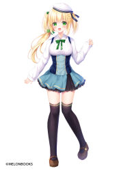 Rule 34 | 1girl, :d, asymmetrical hair, beret, black thighhighs, blonde hair, blue skirt, blush, bow, breasts, brown footwear, commentary request, copyright notice, full body, green bow, green eyes, hair between eyes, hair bow, hair ornament, hat, highres, kohinata hoshimi, long hair, long sleeves, looking at viewer, medium breasts, melonbooks, official art, open mouth, original, pinching sleeves, pleated skirt, shirt, shoes, simple background, skirt, sleeves past wrists, smile, solo, standing, standing on one leg, star (symbol), star hair ornament, thighhighs, tilted headwear, twintails, very long hair, white background, white hat, white shirt