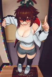 Rule 34 | 1girl, :d, absurdres, black-framed eyewear, black thighhighs, breasts, brown hair, christmas lights, cleavage, commentary, doorway, english commentary, fangs, full body, glasses, grey shorts, hair between eyes, heart, heart-shaped pupils, highres, jacket, large breasts, long sleeves, looking at viewer, midriff, mistletoe, navel, open clothes, open door, open jacket, open mouth, original, pointing, pointing up, red-tinted eyewear, red eyes, round eyewear, short shorts, shorts, smile, solo, symbol-shaped pupils, tank top, thighhighs, tinted eyewear, white tank top, yoako