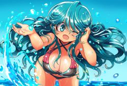 Rule 34 | 1girl, :d, bikini, blue eyes, blue hair, blush, borokuro, breasts, cleavage, creatures (company), game freak, gen 4 pokemon, hand on own head, highres, large breasts, leaning forward, long hair, looking at viewer, messy hair, navel, nintendo, ocean, one eye closed, open mouth, outdoors, personification, pokemon, sky, smile, solo, splashing, swimsuit, tangrowth, very long hair, water, water drop