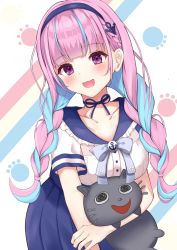 Rule 34 | 1girl, alternate costume, anchor symbol, animal, blue hair, blue skirt, bow, bowtie, braid, breast rest, breasts, cat, choker, collarbone, commentary request, frilled sailor collar, frills, highres, holding, holding animal, holding cat, hololive, large breasts, leaning forward, looking at viewer, low twintails, mikoto paint, minato aqua, minato aqua (sailor), multicolored hair, neko (minato aqua), open mouth, paw print, paw print background, pink hair, pleated skirt, purple eyes, ribbon choker, sailor collar, school uniform, skirt, smile, solo, streaked hair, striped, striped background, twin braids, twintails, virtual youtuber, white background