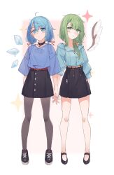 Rule 34 | 2girls, alternate hairstyle, bare legs, black footwear, black pantyhose, black skirt, blue eyes, blue hair, blue nails, blue shirt, blush, casual, cirno, closed mouth, collarbone, commission, contemporary, daiyousei, detached wings, fairy, fairy wings, fingernails, full body, green eyes, green hair, green nails, hair between eyes, highres, holding hands, ice, ice wings, legs, long hair, low twintails, mary janes, multiple girls, nail polish, o (crazyoton46), pantyhose, shirt, shoes, short hair, short sleeves, side ponytail, skeb commission, skirt, thighs, touhou, twintails, wings