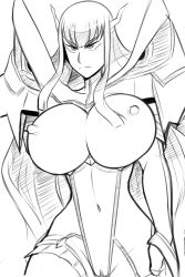 Rule 34 | 1girl, armor, black hair, blush, breasts, cameltoe, curvy, functionally nude, greyimpaction, groin, highres, kill la kill, kiryuuin satsuki, large breasts, living clothes, monochrome, navel, nipples, pussy, solo, uncensored