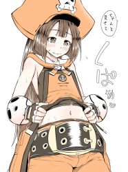 Rule 34 | 1girl, belt, belt buckle, blush, bob cut, breasts, brown eyes, brown hair, buckle, clothes lift, cowboy shot, embarrassed, fingerless gloves, gloves, guilty gear, guilty gear xrd, hat, long hair, matching hair/eyes, may (guilty gear), navel, orange hat, pants, pirate hat, poncocchan, shirt lift, skull and crossbones, small breasts, solo, sweatdrop, toned