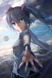 Rule 34 | 1girl, aqua eyes, aqua hair, detached sleeves, green hair, hatsune miku, headset, long hair, looking at viewer, necktie, outstretched hand, solo, tianya beiming, twintails, very long hair, vocaloid