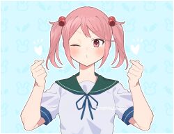Rule 34 | 1girl, blue neckerchief, blush, breasts, green sailor collar, hair bobbles, hair ornament, heart, highres, kantai collection, looking at viewer, neckerchief, one eye closed, pink eyes, pink hair, puckered lips, sailor collar, sazanami (kancolle), school uniform, serafuku, short sleeves, short twintails, sidelocks, simple background, small breasts, solo, tenyako (mirasato24), twintails, twitter username, upper body