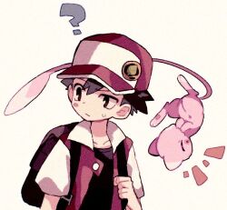 Rule 34 | 1boy, ?, backpack, bag, baseball cap, black bag, black shirt, blush stickers, brown eyes, closed eyes, colored skin, confused, creatures (company), floating, game freak, gen 1 pokemon, hand to own mouth, hand up, hat, high collar, jacket, laughing, legendary pokemon, male focus, mew (pokemon), mgomurainu, mythical pokemon, nintendo, open clothes, open jacket, pink skin, pokemon, pokemon (creature), pokemon rgby, raised eyebrow, red (pokemon), red headwear, red jacket, shirt, short sleeves, simple background, sweatdrop, upside-down, yellow background