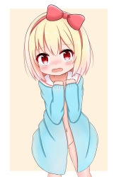 Rule 34 | 1girl, blonde hair, blue shirt, blush, bow, collarbone, commentary request, gluteal fold, groin, hair between eyes, hair bow, hairband, hands up, head tilt, highres, jiu (sdesd3205), kindergarten uniform, long hair, long sleeves, looking at viewer, naked shirt, navel, open clothes, open mouth, open shirt, original, oversized clothes, oversized shirt, red bow, red eyes, red hairband, sailor collar, shirt, sleeves past wrists, solo, standing, tears, white sailor collar