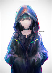 Rule 34 | 1girl, artist name, backpack, bag, choker, closed mouth, collarbone, green eyes, green hair, hands in pockets, hood, jacket, k-suwabe, long sleeves, looking at viewer, original, short hair, simple background, smile, solo, white background