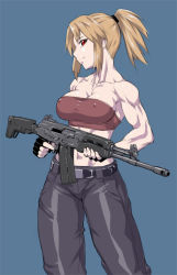 Rule 34 | 1girl, ak-74, assault rifle, bandeau, bare shoulders, black gloves, blonde hair, blue background, breasts, cleavage, collarbone, covered erect nipples, cowboy shot, ebr-kii, female focus, fingerless gloves, gloves, gun, holding, holding gun, holding weapon, kalashnikov rifle, large breasts, long hair, midriff, muscular, muscular female, navel, original, pants, ponytail, red eyes, revision, rifle, sidelocks, solo, standing, strapless, trigger discipline, tube top, weapon