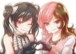 Rule 34 | 1girl, black hair, brown hair, dual persona, jewelry, multicolored hair, necklace, neo politan, one eye closed, pink hair, purple eyes, rwby, sleeveless, smile, split-color hair, twintails