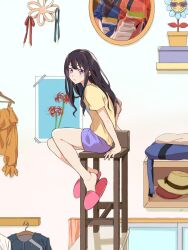 Rule 34 | 1girl, arm support, black hair, book the star, hair between eyes, highres, inoue takina, long hair, looking to the side, lycoris recoil, on chair, pink footwear, purple eyes, shirt, shorts, sitting, slippers, slouching, solo, t-shirt, wooden chair, yellow shirt