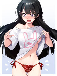 Rule 34 | 1girl, alternate costume, bare shoulders, black hair, bluekosho, blush, breasts, clothes lift, collarbone, hair ornament, highres, lifted by self, lingerie, long hair, medium breasts, midriff, navel, nijisanji, no bra, no pants, open mouth, panties, red panties, shirt, shirt lift, side-tie panties, simple background, solo, standing, sweat, t-shirt, tsukino mito, underwear, virtual youtuber, white shirt