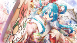 Rule 34 | 2boys, 4girls, aiming, aiming at viewer, animal print, aqua eyes, aqua hair, blonde hair, blue hair, blush, brown hair, cherry blossom print, commentary request, covering own mouth, cup, daidou (demitasse), empty eyes, floral print, flower, food, foreshortening, fruit, fur-trimmed kimono, fur trim, hair flower, hair ornament, hair rings, hand over own mouth, hand up, hanetsuki, hatsune miku, highres, holding, holding cup, japanese clothes, kagamine len, kagamine rin, kaito (vocaloid), kimono, light blush, long hair, looking at viewer, mandarin orange, megurine luka, meiko (vocaloid), mouse (animal), multiple boys, multiple girls, nail polish, new year, open mouth, outdoors, outstretched arm, pink hair, pink nails, shaded face, short hair, snow, tears, twintails, upper body, vocaloid, winter