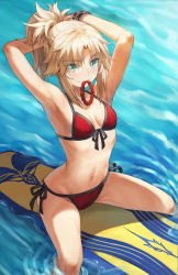 Rule 34 | 1girl, armpits, arms behind head, arms up, bad id, bad twitter id, bare shoulders, bikini, blonde hair, bracelet, braid, breasts, collarbone, fate/grand order, fate (series), female focus, french braid, green eyes, highres, jewelry, long hair, looking at viewer, mordred (fate), mordred (fate) (all), mordred (swimsuit rider) (fate), mordred (swimsuit rider) (first ascension) (fate), mouth hold, navel, ocean, parted bangs, ponytail, prydwen (fate), red bikini, sidelocks, small breasts, smile, solo, surfboard, swimsuit, thighs, tonee, tying hair, wet
