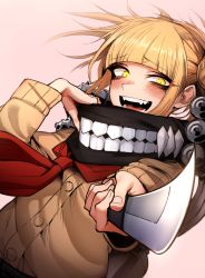 Rule 34 | 10s, 1girl, :d, bags under eyes, blonde hair, blunt bangs, blush, boku no hero academia, double bun, dutch angle, fangs, fingernails, foreshortening, hair bun, holding, holding knife, holding weapon, j.k., jacket, knife, long sleeves, looking at viewer, open mouth, pink background, red scarf, revision, scarf, short hair, simple background, smile, solo, toga himiko, upper body, weapon, yellow eyes