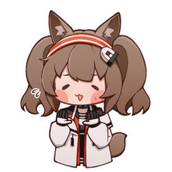 Rule 34 | 1girl, angelina (arknights), animal ear fluff, animal ears, arknights, black gloves, black shirt, blush stickers, brown hair, chibi, closed eyes, cropped torso, facing viewer, flying sweatdrops, gloves, grey jacket, hairband, hands up, jacket, long sleeves, lowres, lxjun 09, open clothes, open jacket, open mouth, puffy long sleeves, puffy sleeves, red hairband, shirt, simple background, solo, striped clothes, striped hairband, sweat, tail, twintails, upper body, white background