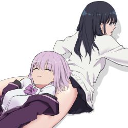 Rule 34 | 10s, 2girls, bad id, bad twitter id, black hair, black skirt, bow, bowtie, closed eyes, closed mouth, collared shirt, denkou choujin gridman, female focus, green eyes, gridman universe, hair between eyes, head on ass, highres, human pillow, jacket, lavender neckwear, light purple hair, long hair, long sleeves, looking at another, looking back, lying, moaning, multiple girls, on back, on stomach, open mouth, purple jacket, ribbon, shinjou akane, shirt, short hair, simple background, skirt, smile, soruna (nell), ssss.gridman, sweater, takarada rikka, thighs, unzipped, white background, white shirt, yuri
